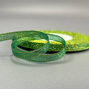 Стрічка парча 0,6см - 23м, колір золото на зеленом