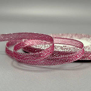 Стрічка парча 0,6см - 23м, колір срібло на малиновом