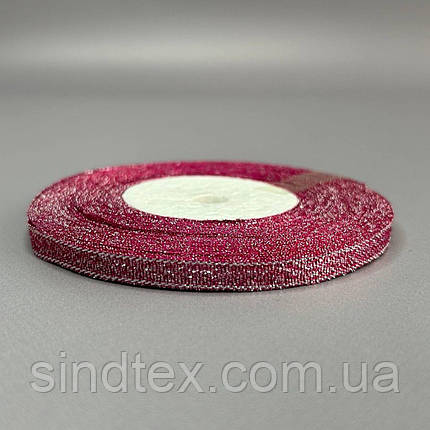 Стрічка парча 0,6см - 23м, колір срібло на малиновом, фото 2