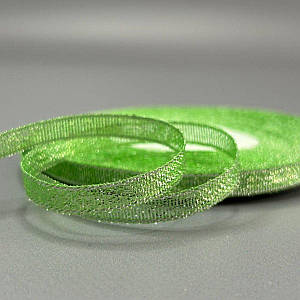 Стрічка парча 0,6см - 23м, колір срібло на салатовому