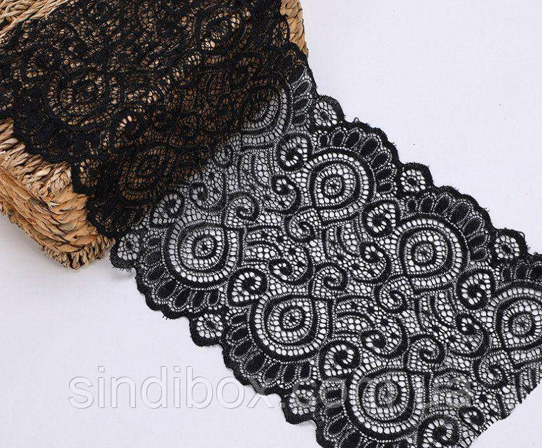 Мереживо стрейч 18см "Моніка", широке мереживо колір - Чорний, фото 1