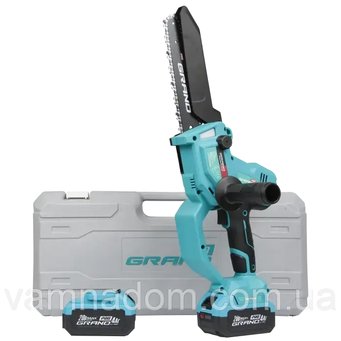 Акумуляторна безщіткова ланцюгова пила Grand АПЦ-20V/8"-4 ind INDUSTRIAL (Два акумулятора, зарядний, кейс)