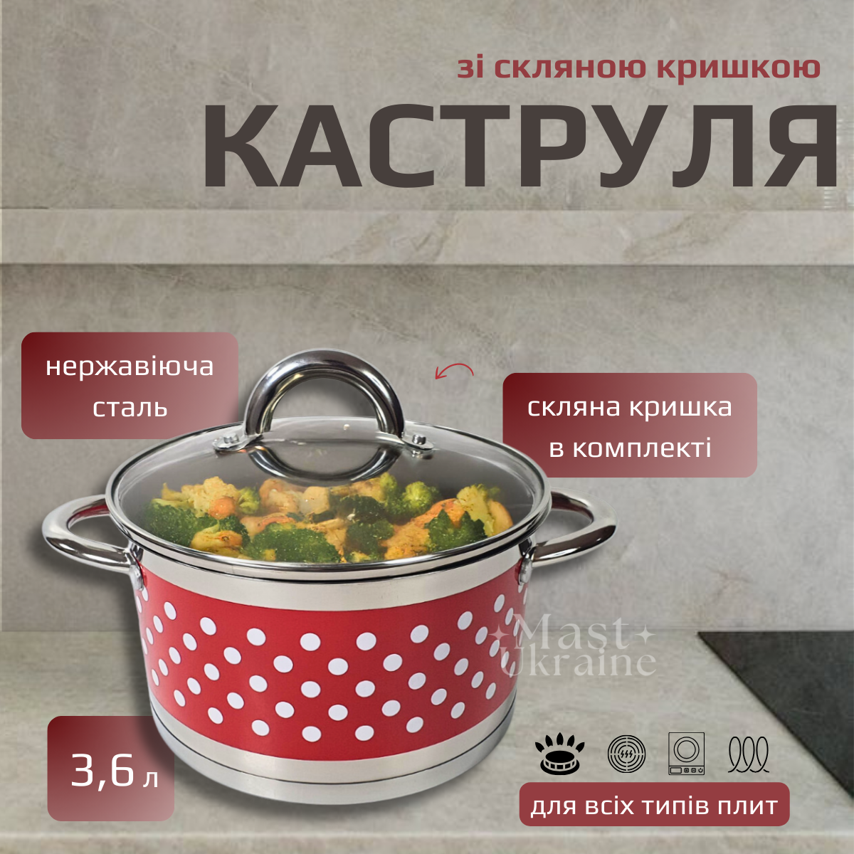 Каструля з неіржавкої сталі з товстим дном German Family 3.6 л у горошок із кришкою GF36N, фото 1