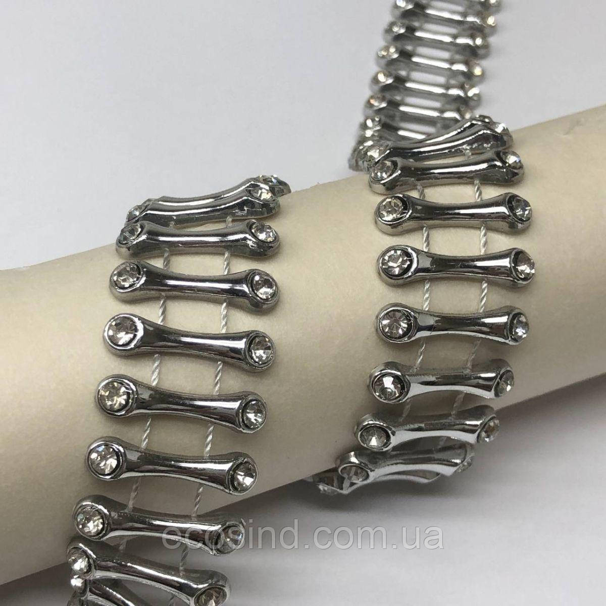 Напівбусини на нитці "Сходинки зі стразами" - срібло, фото 1