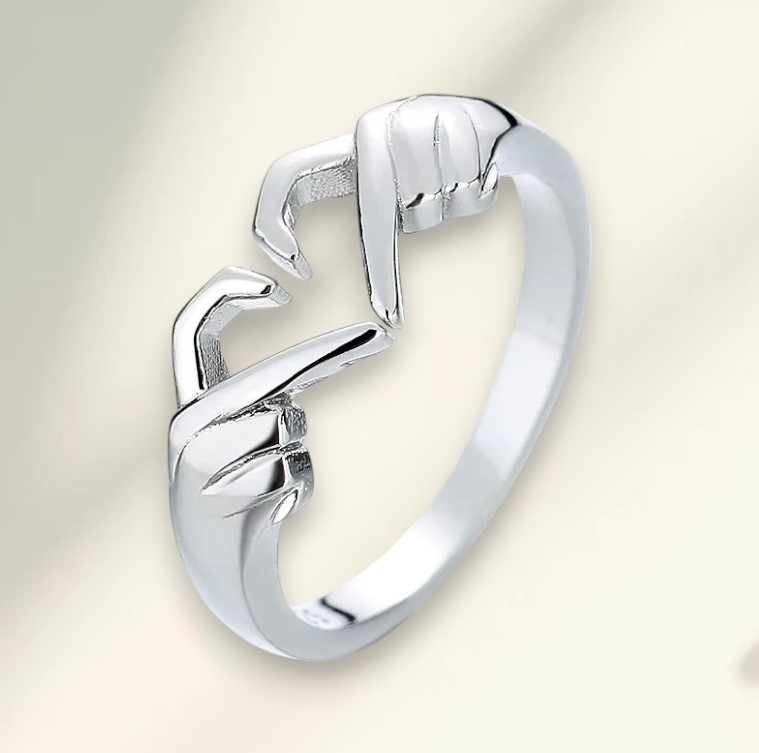 Каблучка у вигляді двох рук, які складають серце, срібляста, регульований розмір, фото 1