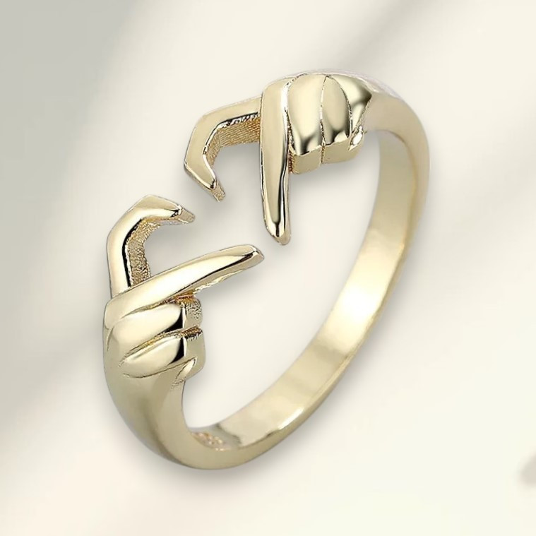 Каблучка у вигляді двох рук, які складають серце, золотиста, регульований розмір, фото 1