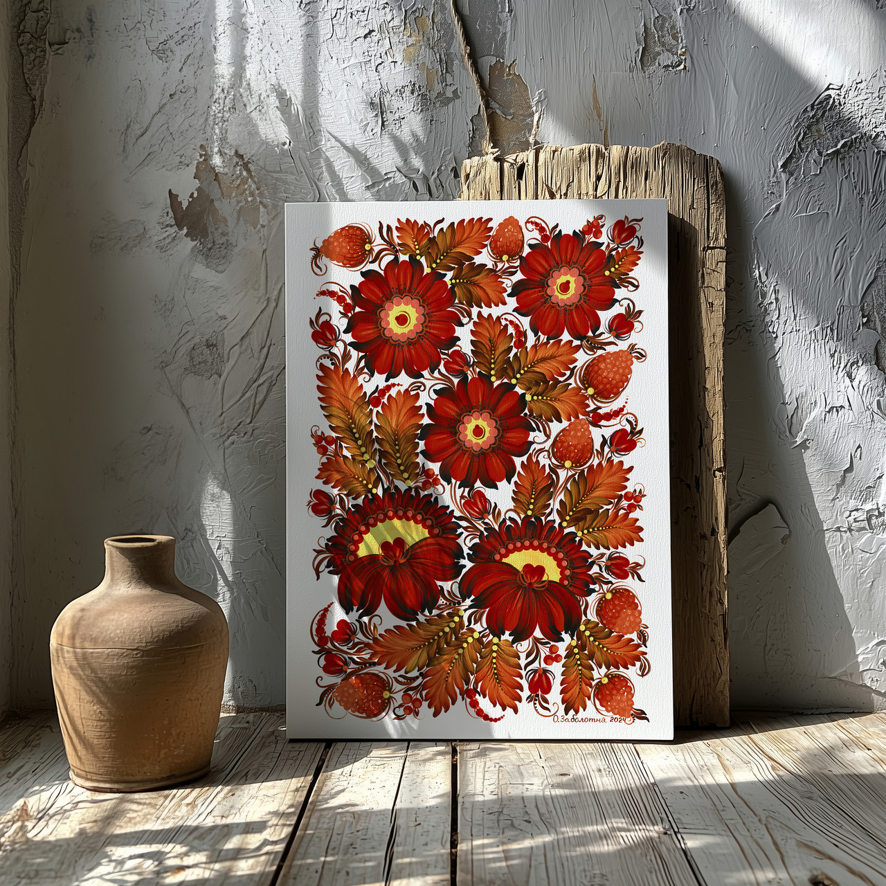 Картина на полотні "Петриківський розпис, квітковий орнамент, коричневі кольори", 60×43см