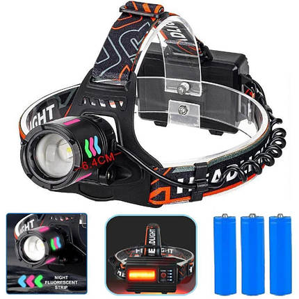 Ліхтар налобний NIGHT VISION FLUORESCENCE 8096 1 РЕЖИМ WHITE LASER LED PM10-TG+COB, 3x18650, power bank, ЗП, фото 1