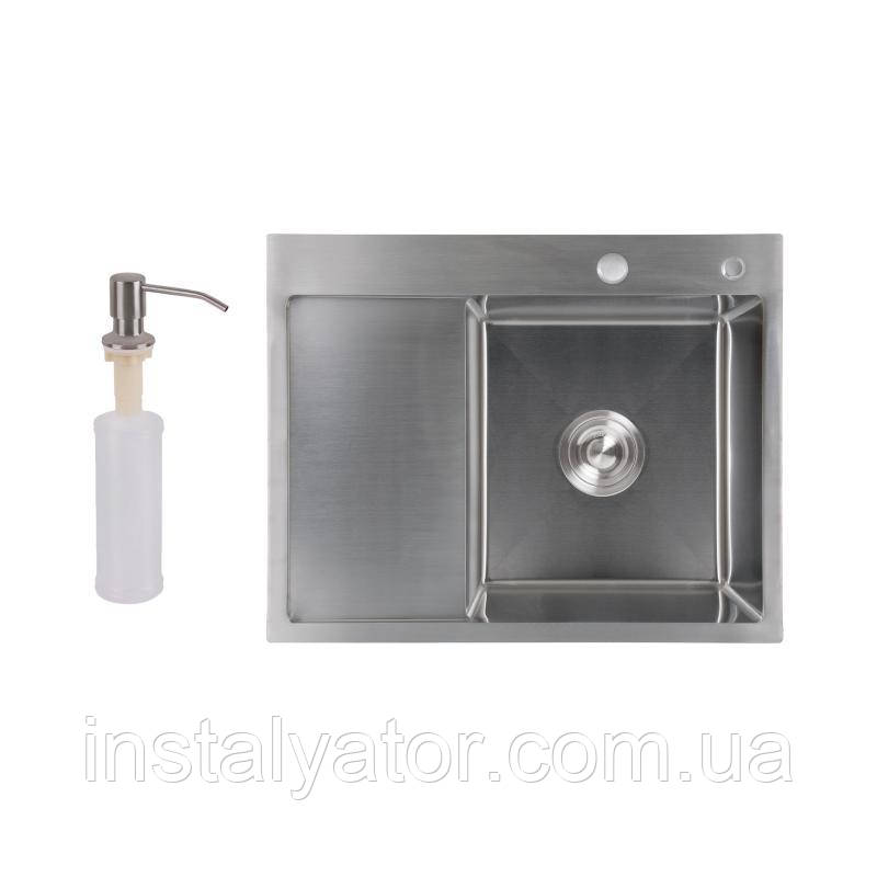 Мийка для кухні з крилом інтегрована ліва Lidz Handmade H6350L (LDH6350BRUL45588) Brushed Steel 3,0/1,0 мм