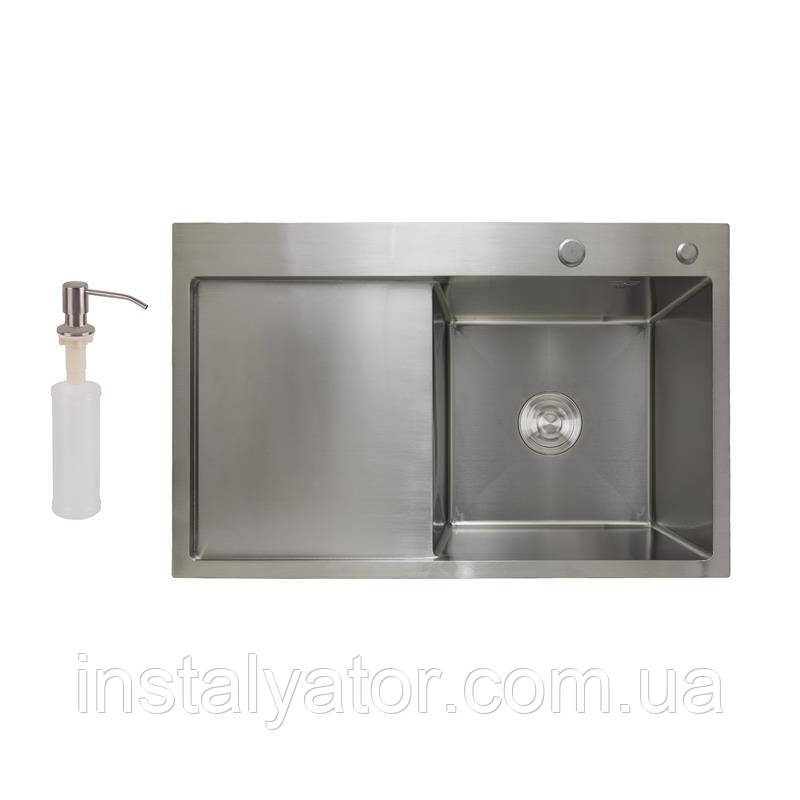 Мийка для кухні з крилом інтегрована ліва Lidz Handmade H7849L (LDH7849BRUL45592) Brushed Steel 3,0/1,0 мм