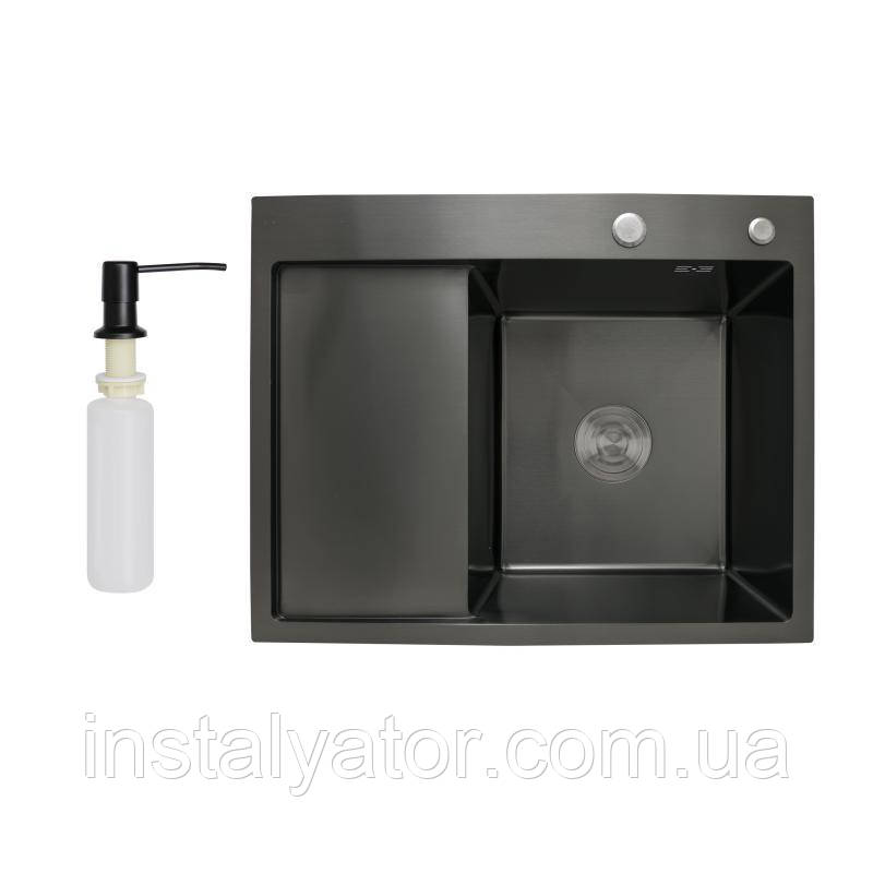 Мийка для кухні з крилом інтегрована ліва Lidz Handmade H6350BL (LDH6350BRUL45589) Brushed Black PVD 3,0/1,0мм