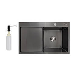 Мийка для кухні з нержавіючої сталі з крилом чаша праворуч Lidz H7849BL PVD Black 3,0/1.0 мм Чорний