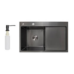 Мийка для кухні з нержавіючої сталі з крилом чаша зліва Lidz H7849BR PVD Black 3,0/1.0 мм Чорний