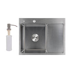 Мийка для кухні з нержавіючої сталі 63х50 см з крилом Lidz H6350R Brushed Steel 3,0/1,0 мм чаша зліва Сатин