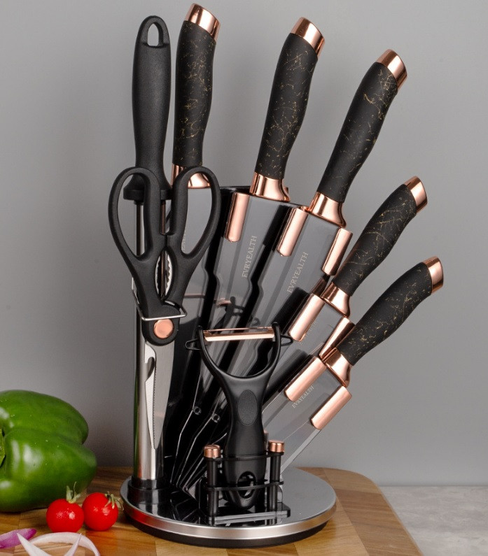 Набір кухонних ножів з нержавіючої сталі на обертовій підставці, 9 предметів. Чорний