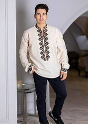 Чоловіча вишита сорочка бежевого кольору з різнокольоровим вишитим орнаментом розміри S, M, L, XL.