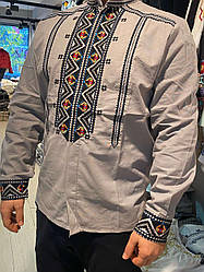 Чоловіча вишита сорочка сірого кольору з різнокольоровим вишитим орнаментом розміри S, M, L, XL