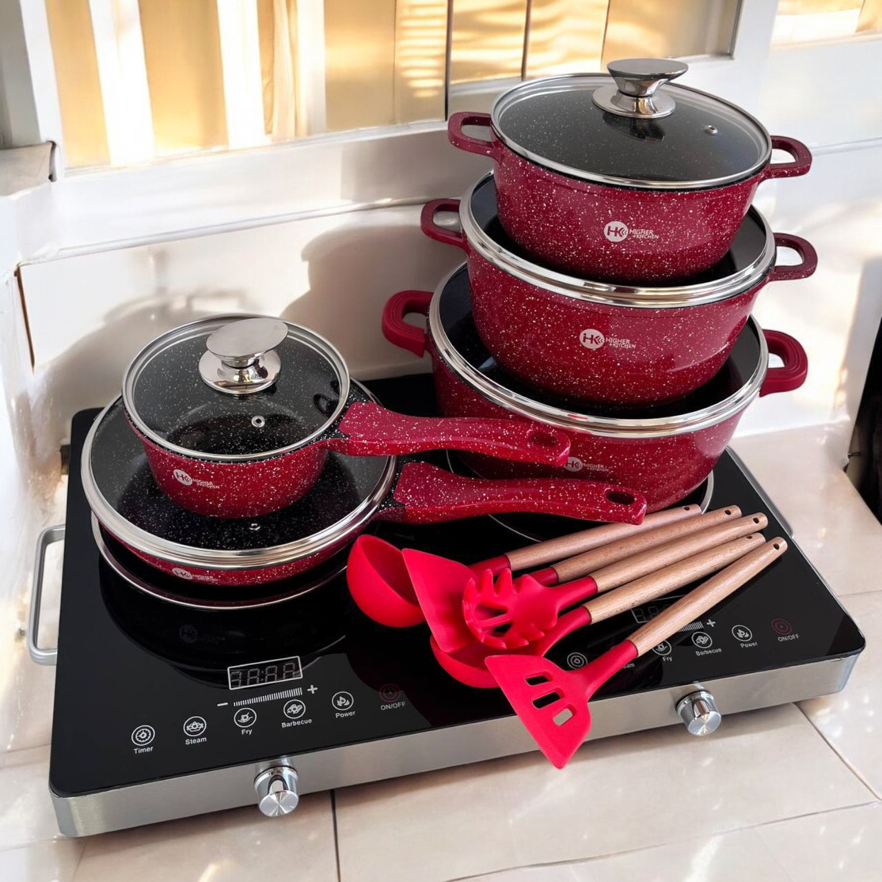 Набір каструль і сковорода Higher Kitchen з гранітним покриттям 17 предметів Набір посуду з антипригарним покриттям Червоний