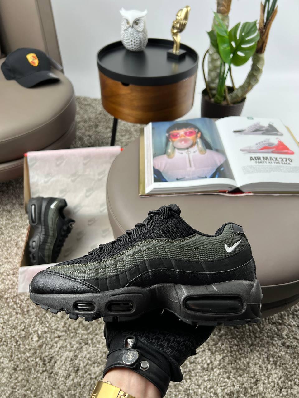 Чоловічі шкіряні текстиль кросівки Nike Air Max 95 Black Khaki White, кеди Найк чорні. Чоловіче взуття