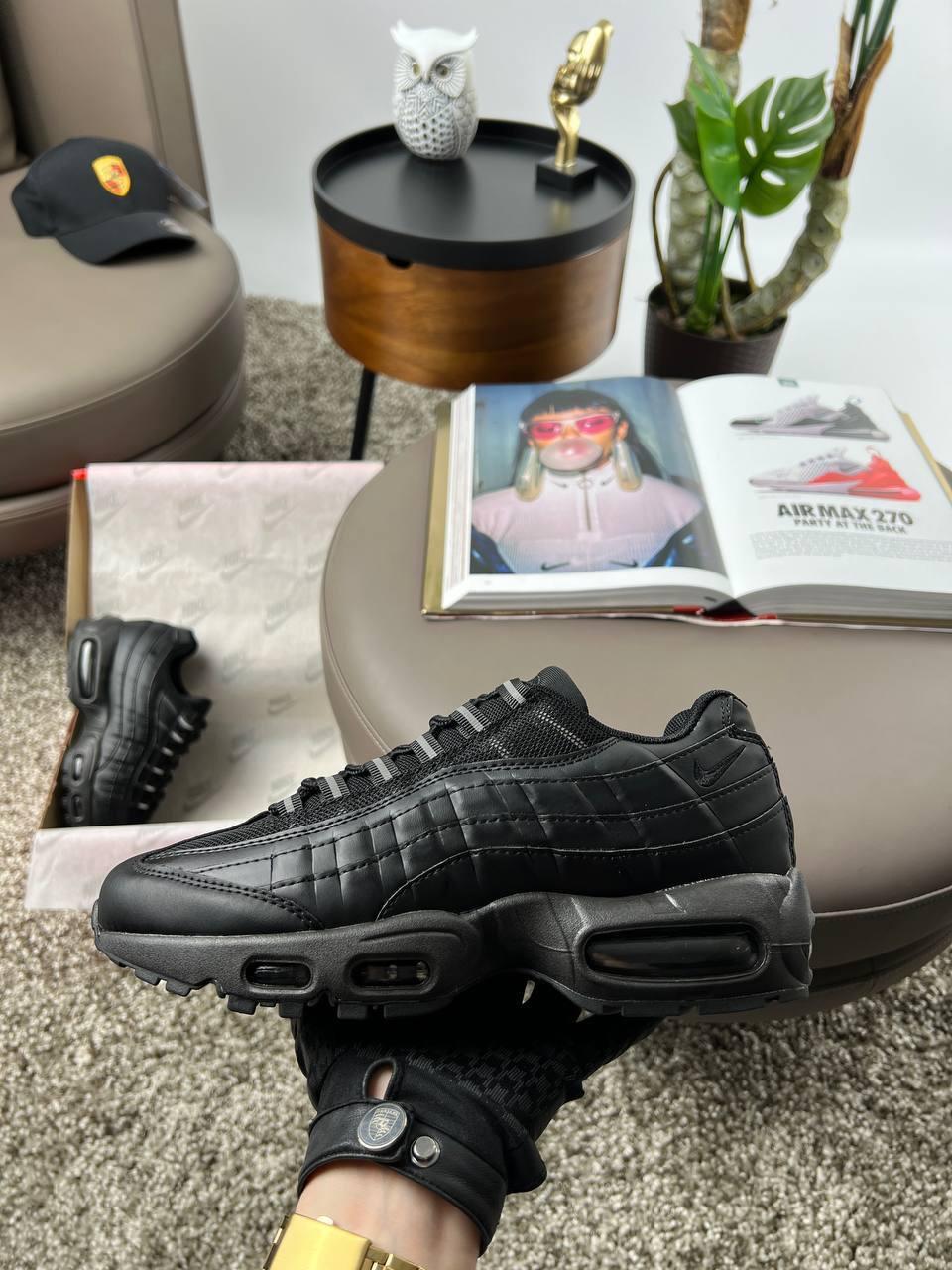 Чоловічі шкіряні текстиль кросівки Nike Air Max 95 Black, кеди Найк чорні шкіра текстиль. Чоловіче взуття