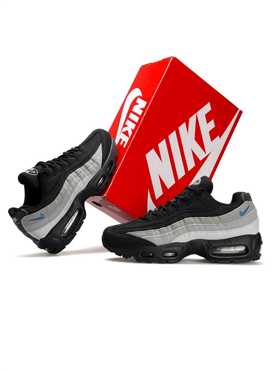 Чоловічі шкіряні текстиль кросівки Nike Air Max 95 Black Grey Blue, кеди Найк чорні сірі. Чоловіче взуття