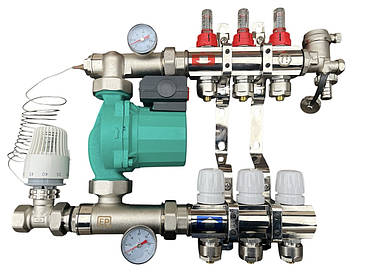 Колектор для теплої підлоги в складі на 3 контури з насосом латунний "EUROPRODUCT"