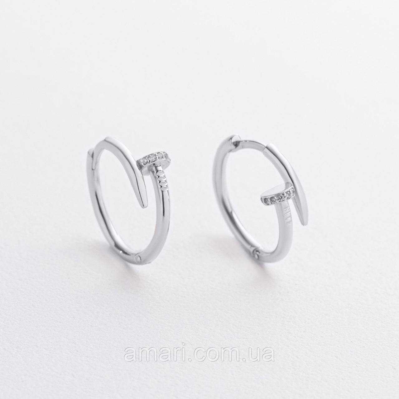 Сережки — кільця "Гвозд" у білому золоті (фіаніти) 
с09330, фото 1