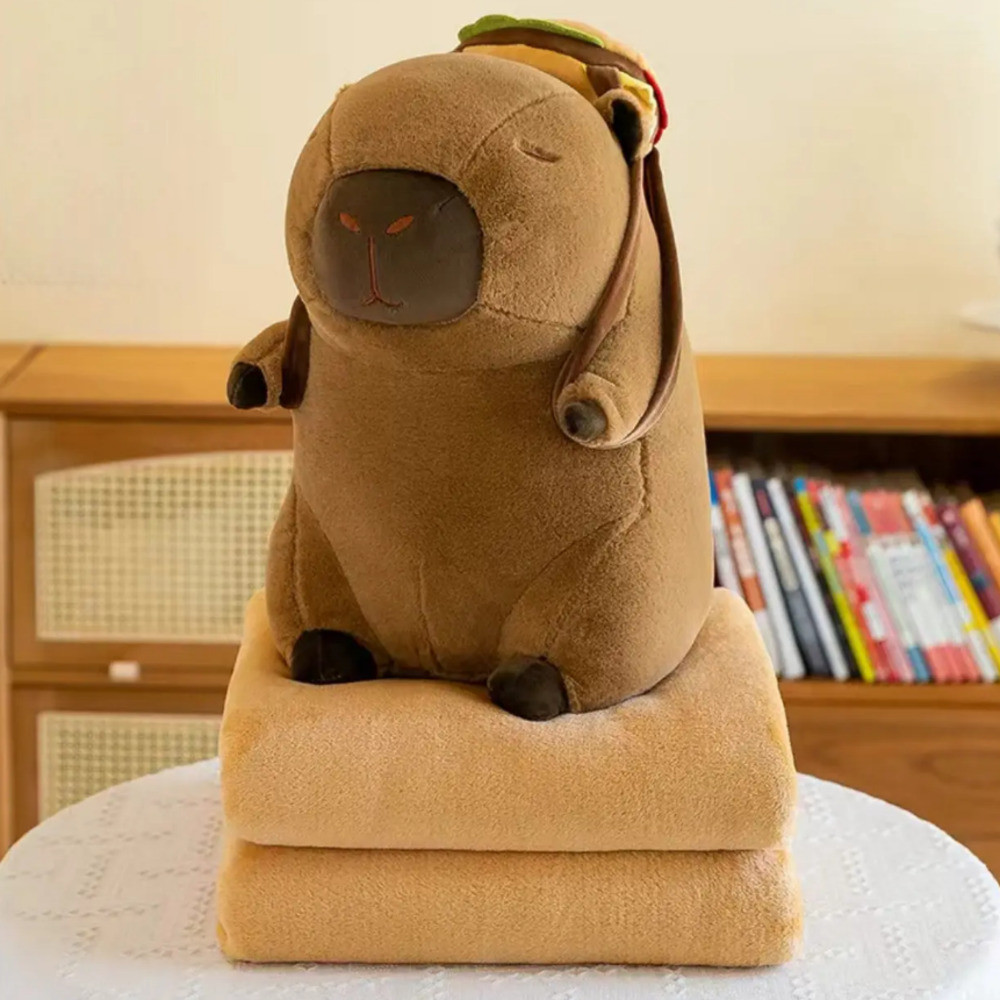 М'яка плюшева іграшка-подушка Капібара з рюкзачком-бургером з пледом усередині Colorful Home, фото 1