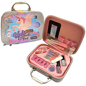 Косметика у валізі Єдиноріг сіра тіні помади набір для манікюру пензлі блискітки 20*8*14см (1687-C)