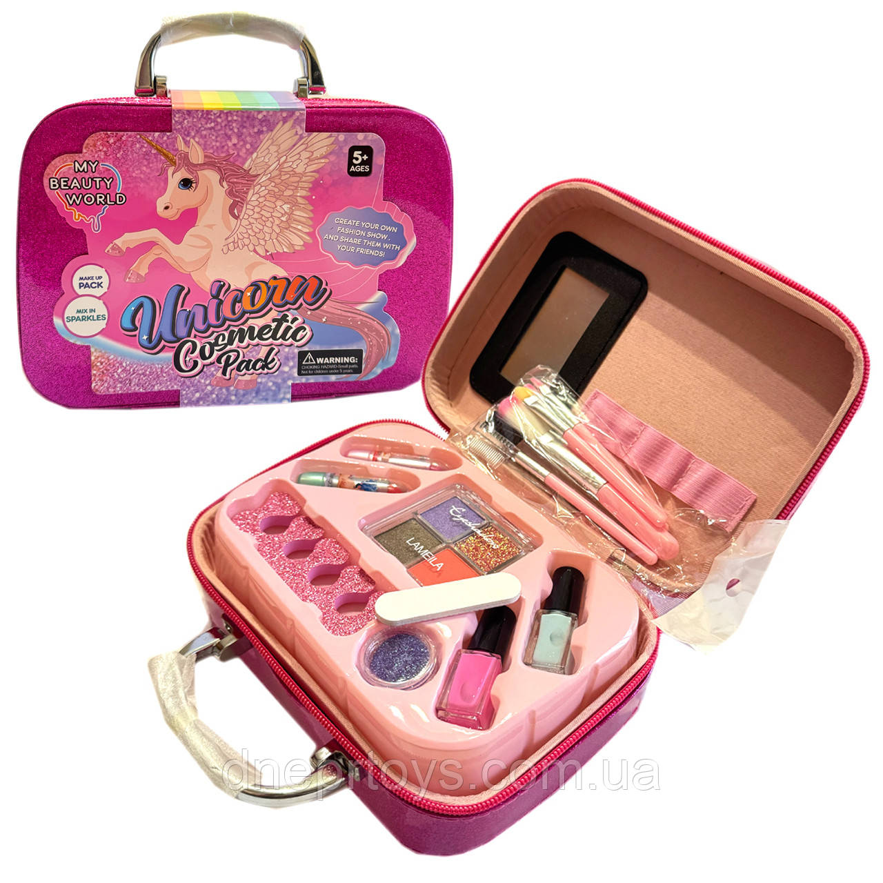 Косметика у валізі Єдиноріг малинова тіні помади набір для манікюру пензлі блискітки 20*8*14см (1687-C), фото 1
