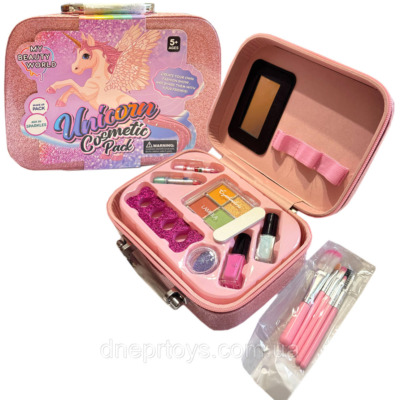 Косметика у валізі Єдиноріг рожева тіні помади набір для манікюру пензлі блискітки 20*8*14см (1687-C), фото 1
