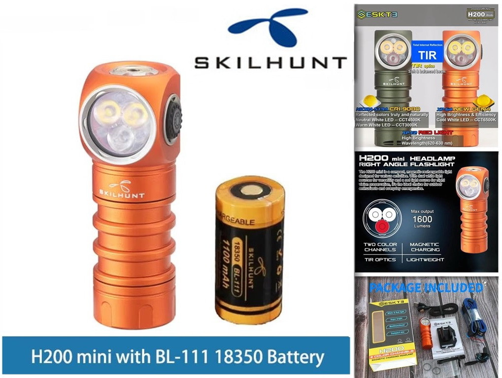Налобний ліхтар Skilhunt ESKTE H200 Mini + 1100mAh 18350 (1000LM, Nichia 3000k High-Cri LED + Сree XP-E2 RED, IPX8, TIR, Магніт)