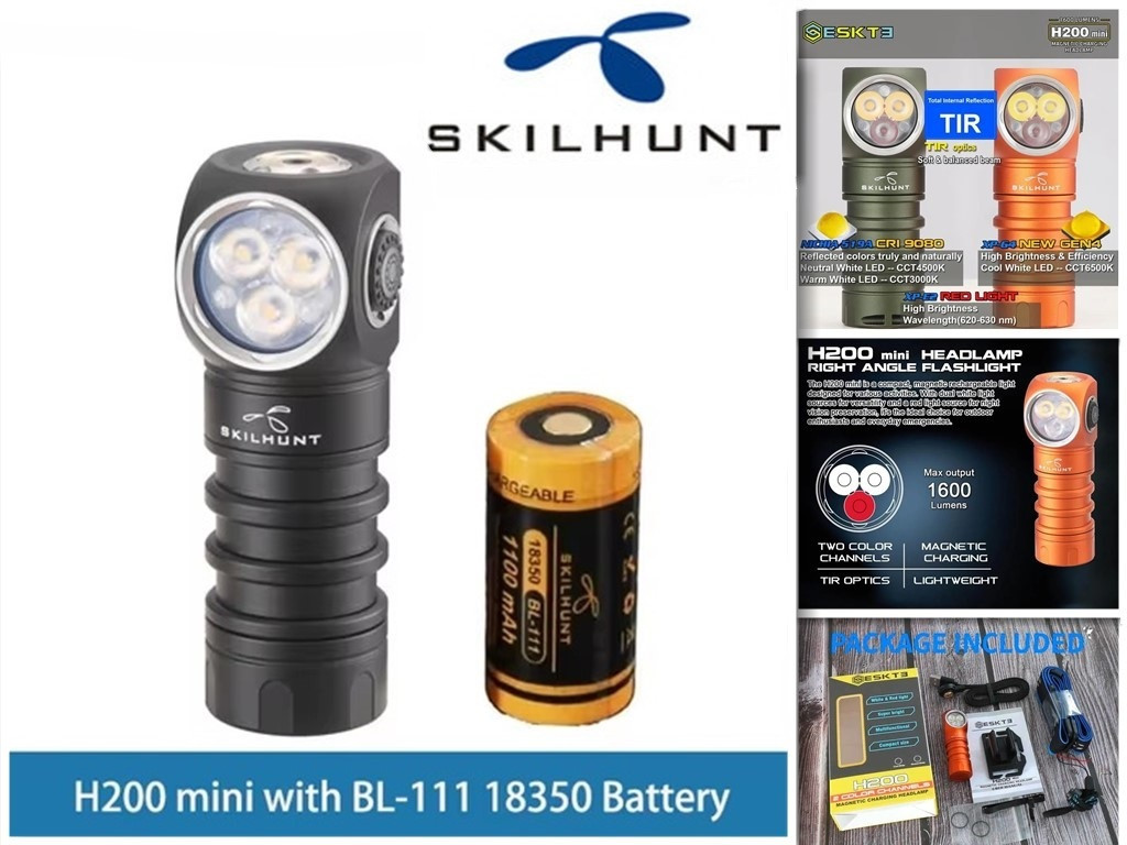 Налобний ліхтар Skilhunt ESKTE H200 Mini + 1100mAh 18350 (1600LM, Cree 6500k LED + Сree XP-E2 RED, IPX8, TIR, Магніт)