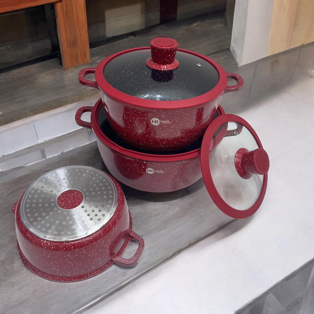 Набір посуду Higher kitchen 8 предметів із гранітним антипригарним покриттям і силіконовими кришками Червоний