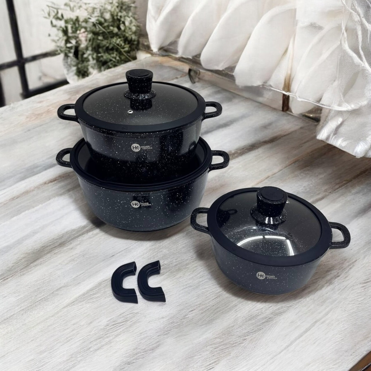 Набір посуду Higher kitchen 8 предметів із гранітним антипригарним покриттям і силіконовими кришками Чорний