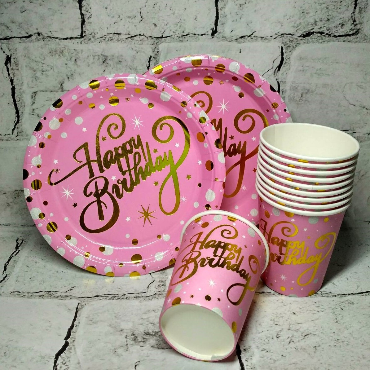 Набір одноразового посуду для свята Happy Birthday на 10 осіб Рожевий 22-150