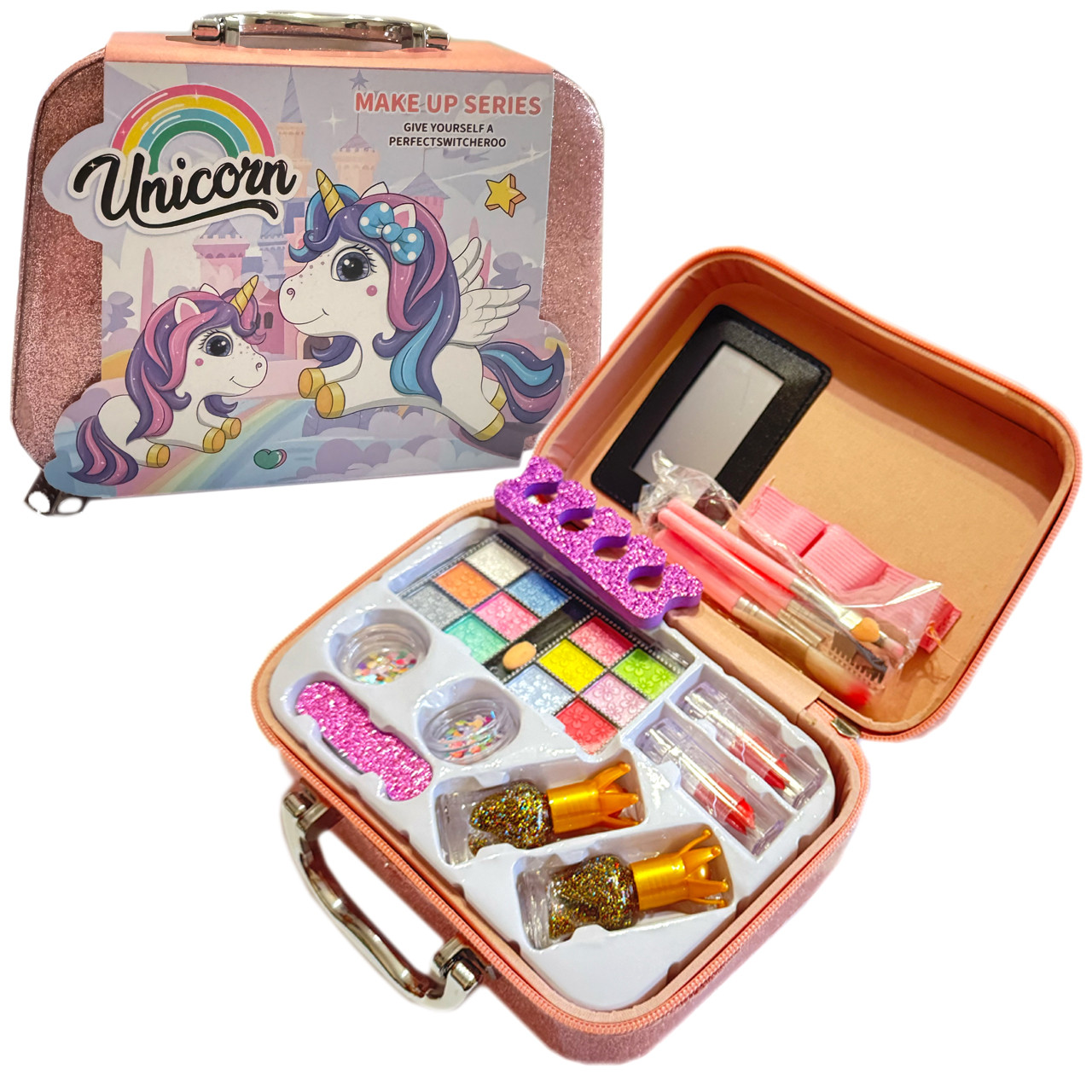 Косметика у валізі Єдиноріг помада тіні набір для манікюру пензлі блискітки 20*8*14см (QH1001-5A), фото 1