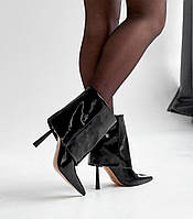 Жіночі демісезонні лакові  ботильони на підборі стильні чорні екошкіра