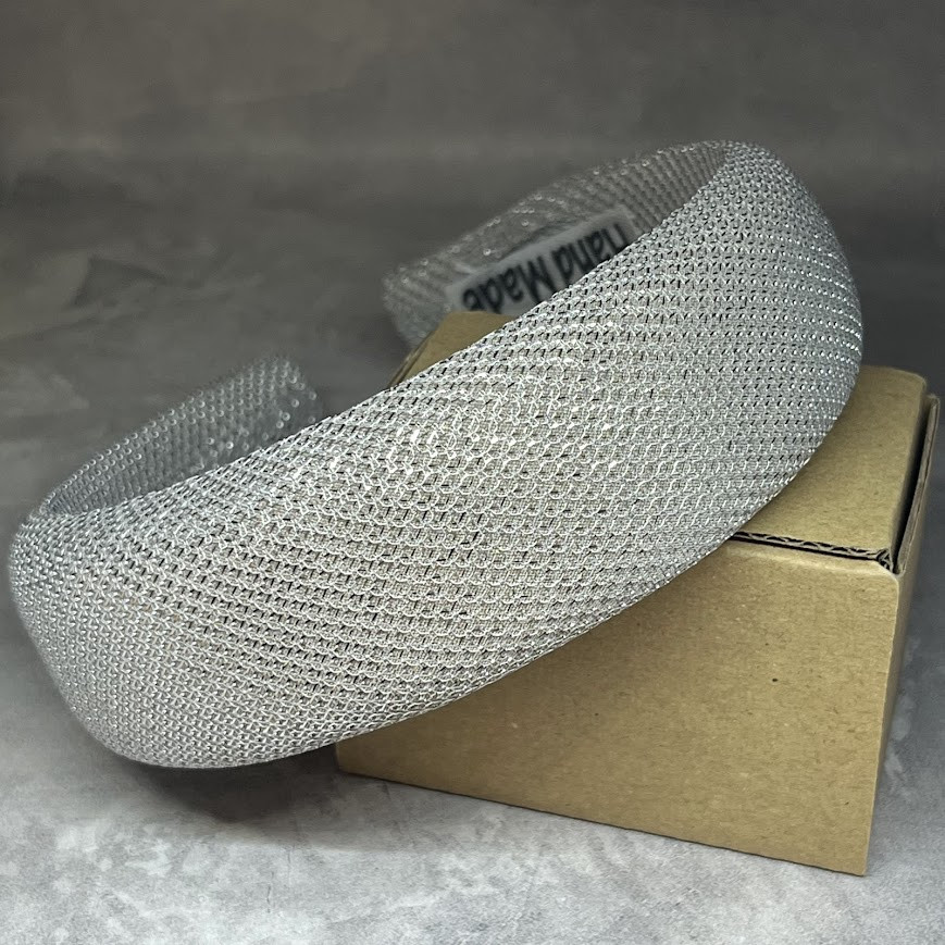 Широкий обруч для волосся ( тканина люрекс нитка-ромбік) ширина 4 см, колір-срібло, Сріблястий, фото 1