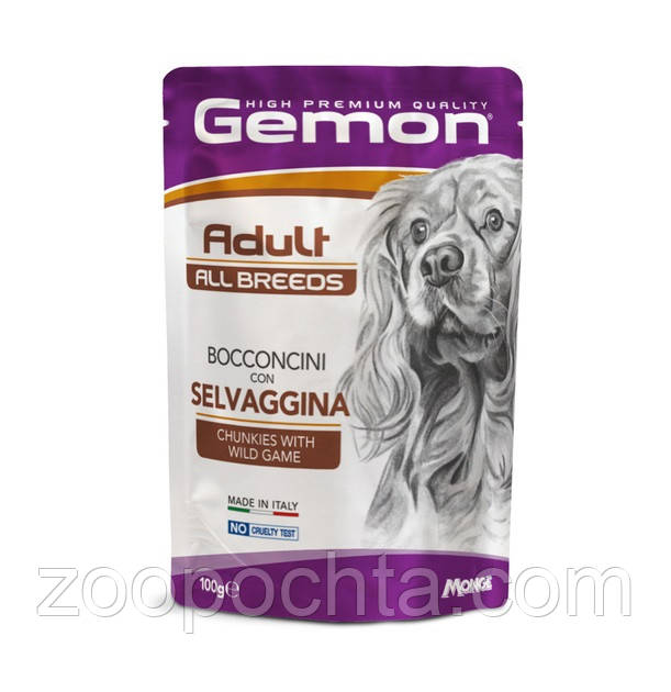 Вологий корм GEMON для собак, шматочки з м'ясом диких тварин 100гр 24 шт, фото 1