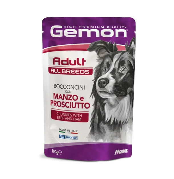 Акція12+12! Вологий корм для собак Gemon Dog Adult шматочки з яловичиною та шинкою 100 гр*24 шт