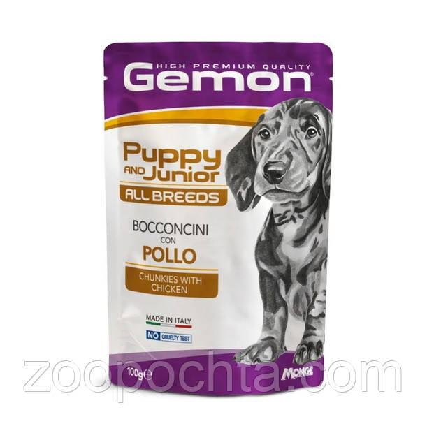 Вологий корм GEMON Puppy & Junior для цуценят зі шматочками курки 100 гр 24 шт, фото 1