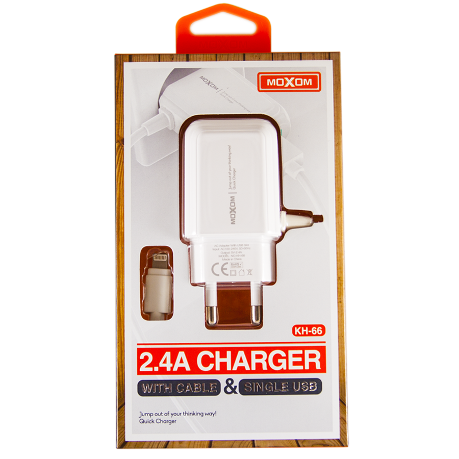 Мережевий зарядний пристрій MOXOM 2в1 Lightning cable+1USB/2.4A (KH-66) білий