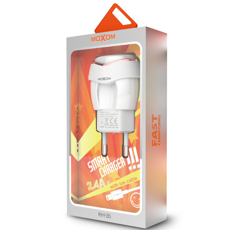Мережевий зарядний пристрій MOXOM 2в1 micro 1USB/2.4A (KH-35) білий