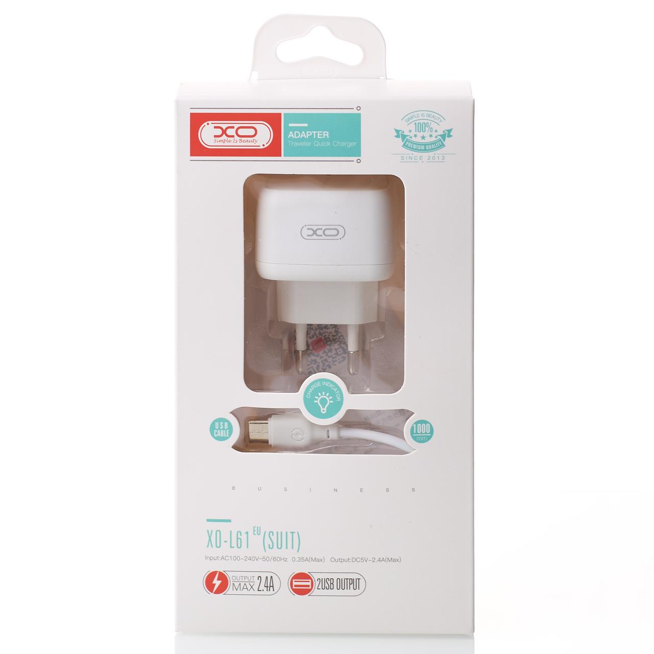Мережевий зарядний пристрій XO 2в1 Type-C 2USB/2.4A (L61) білий