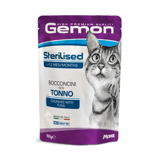Вологий корм Gemon Cat Wet Sterilized шматочки з тунцем та рибкою дорі 100 г 24 шт