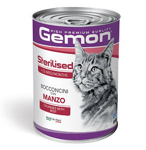 Вологий корм для кішок Gemon Cat Wet Adult з яловичиною шматочки в соусі 415 гр