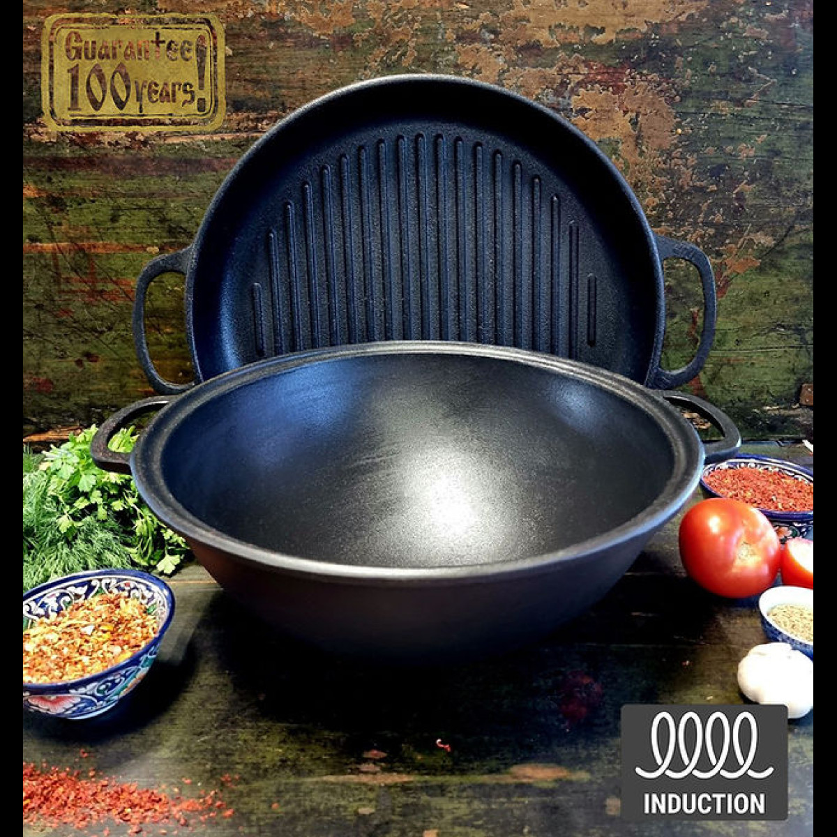 Казан чавунний WOK Maysternya з кришкою-сковородою 8 л Т405СРGr