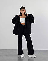 Теплая кофта из флиса оверсайз на пуговицах с накладными карманами+большим капюшоном черный GDL7SSTP3573