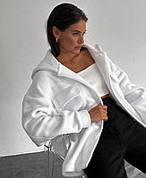 Теплая кофта из флиса оверсайз на пуговицах с накладными карманами+большим капюшоном молочный с1Л0Fr3Q8Z2874